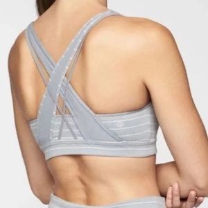 Athleta Transcendence Strappy Back Gray & White Striped Sports Bra Large L